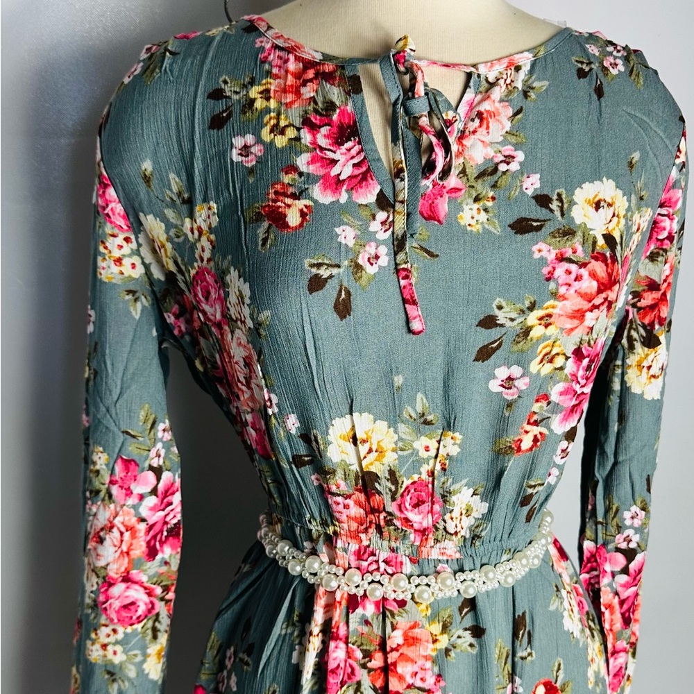 Floral Tie-Neck Maxi Dress - Dusty Teal - Picture 5 of 6